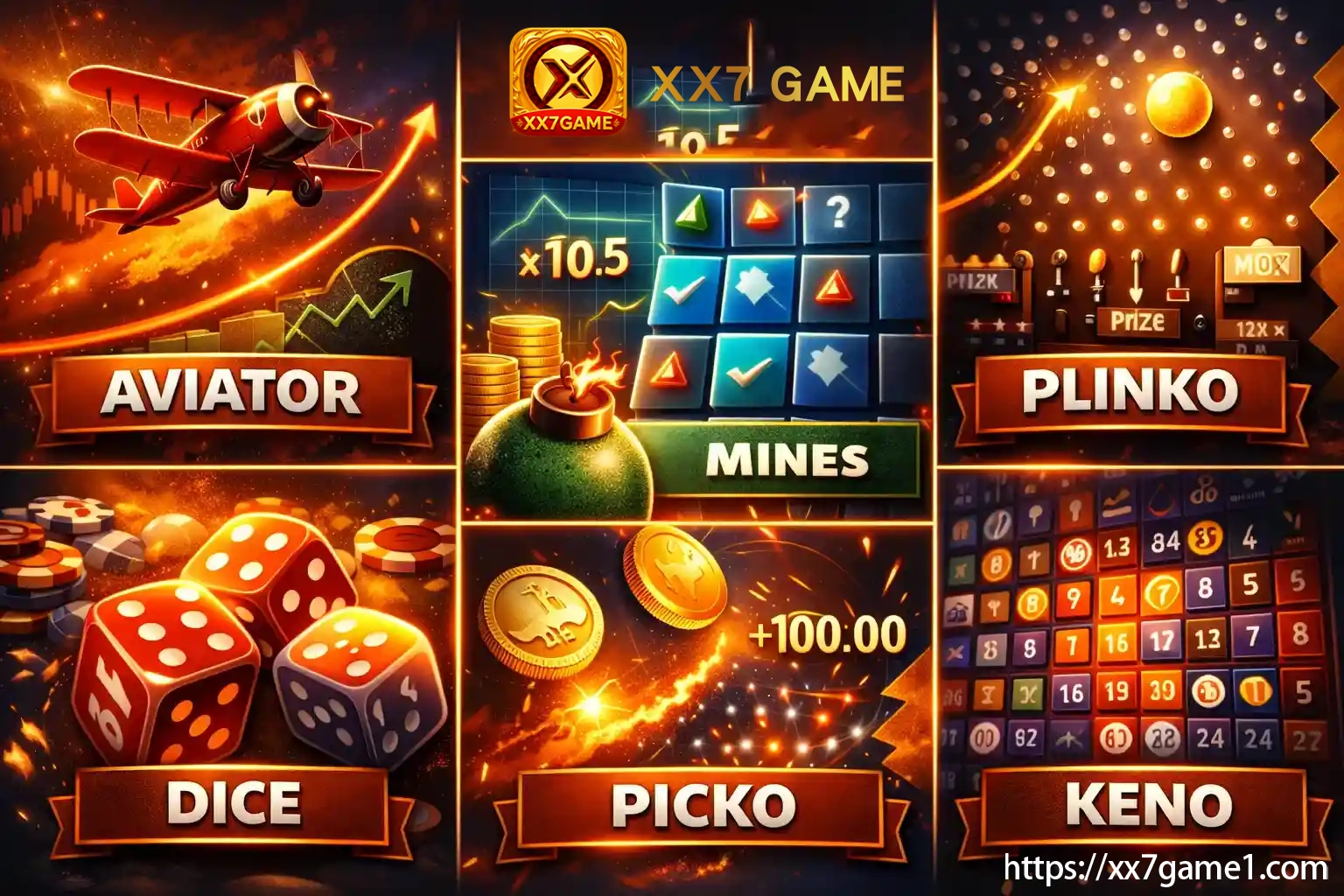 Aviator, Mines, Plinko, Dice and Keno collage