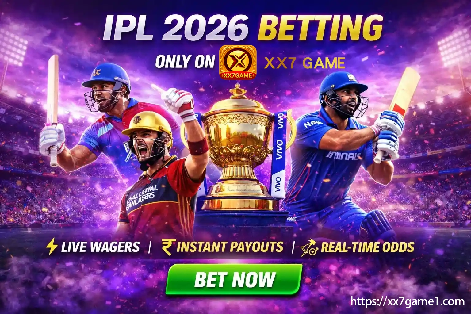 IPL 2026 betting promo with players, trophy and live wager features