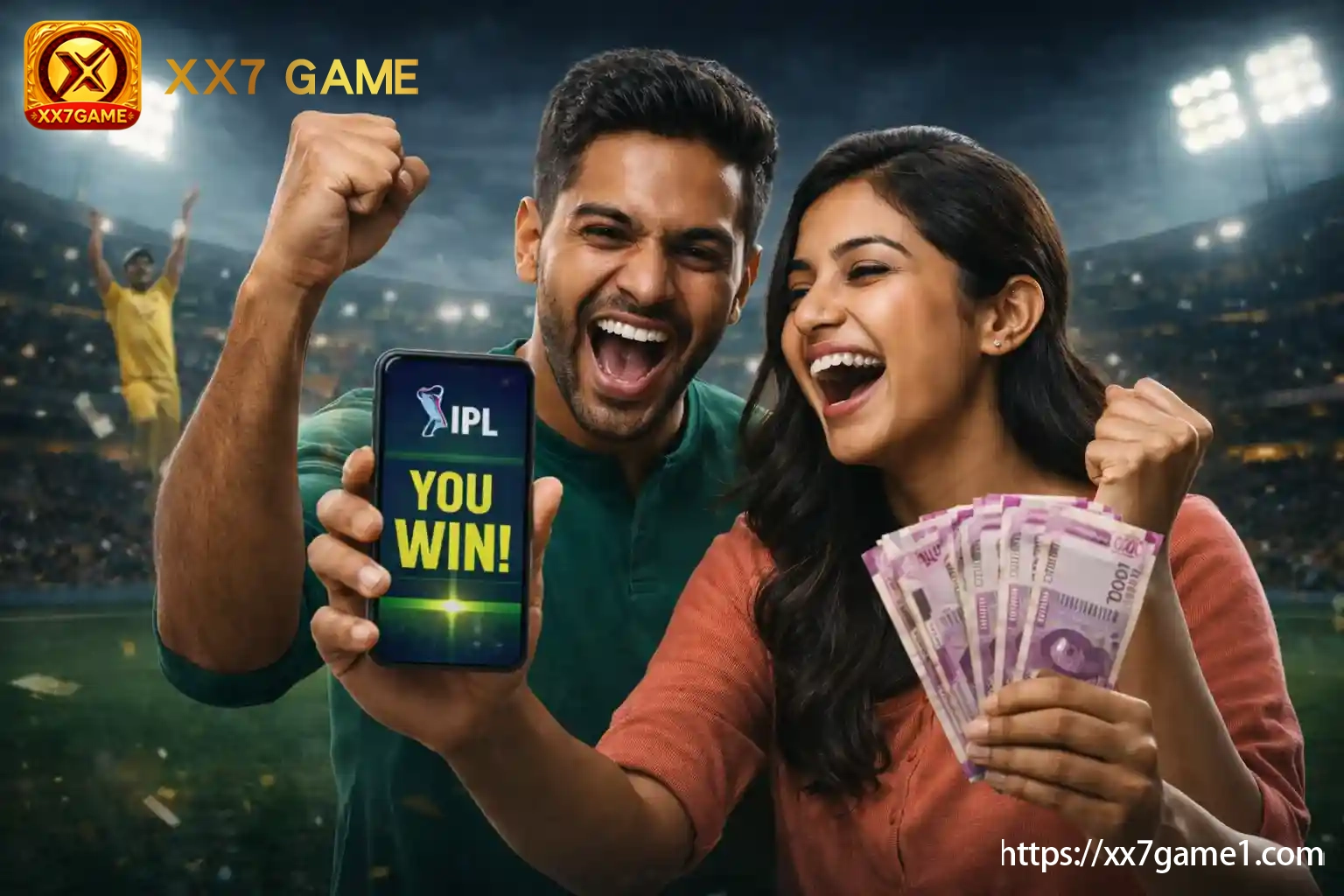Indian couple celebrating an IPL mobile win